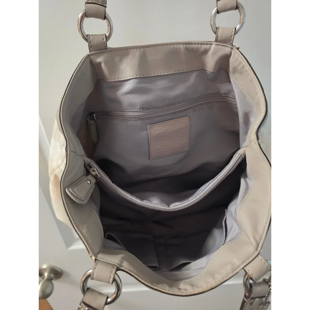 Coach Soho Signature Canvas Satchel Bag Grey Leather Trim Cream Peach Monogram